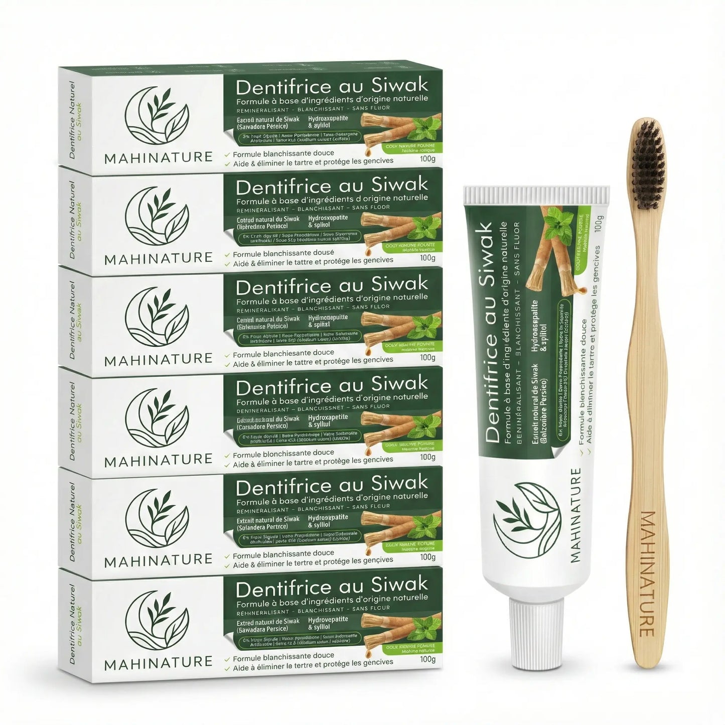 Pack Famille Mahinature : 6 Dentifrices au Siwak blanchissants et 6 brosses à dents en bambou