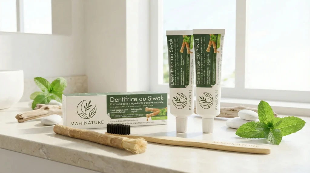 Siwak, le guide complet du bâtonnet miracle pour vos dents (bienfaits, utilisation, science), écrit en vert sur fond blanc.