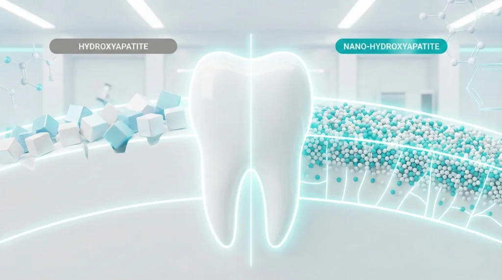 Comparatif entre la nano-hydroxyapatite et l'hydroxyapatite classique pour la réparation de l'émail dentaire.