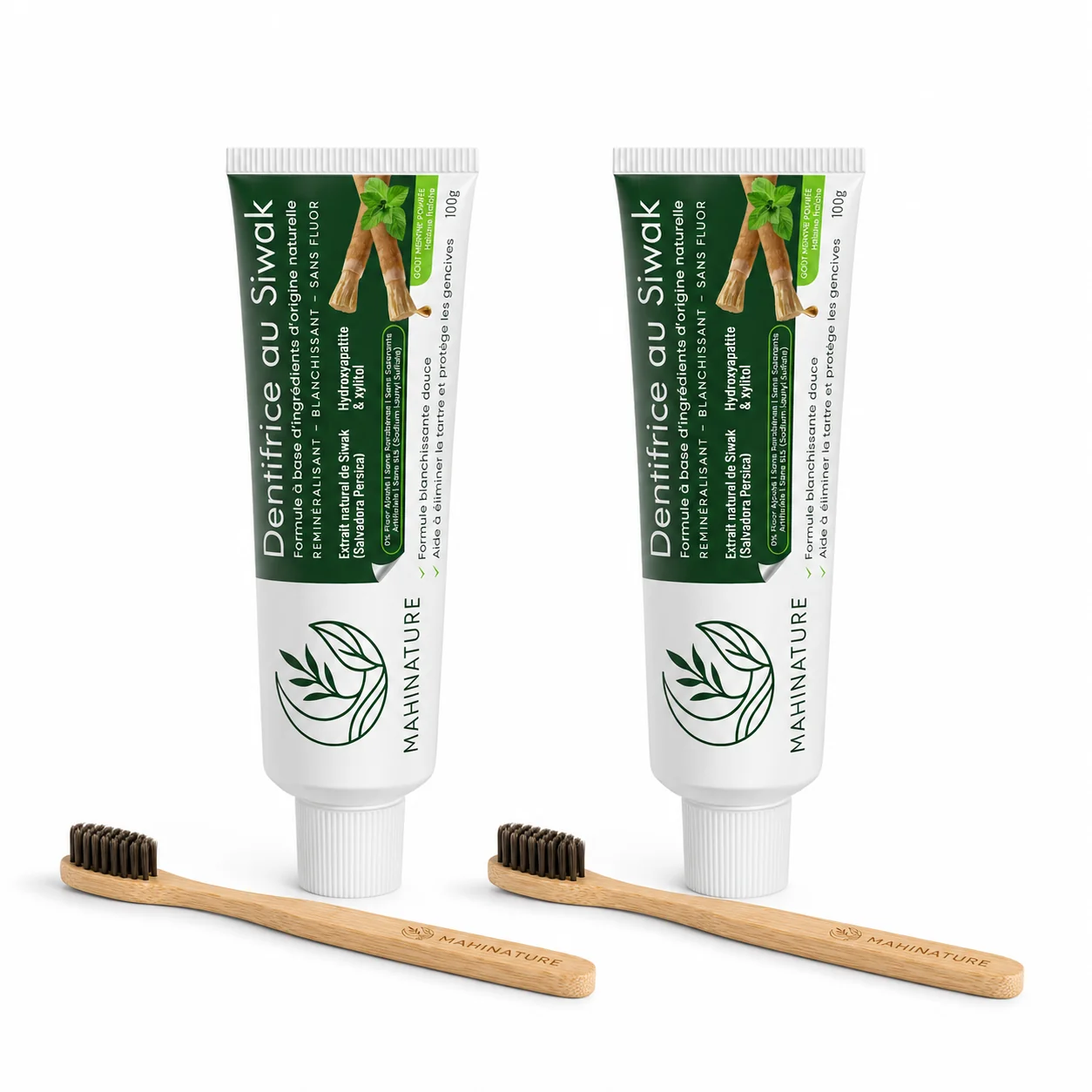 Lot de 4 tubes de dentifrice Mahinature avec brosses à dents bambou charbon offertes