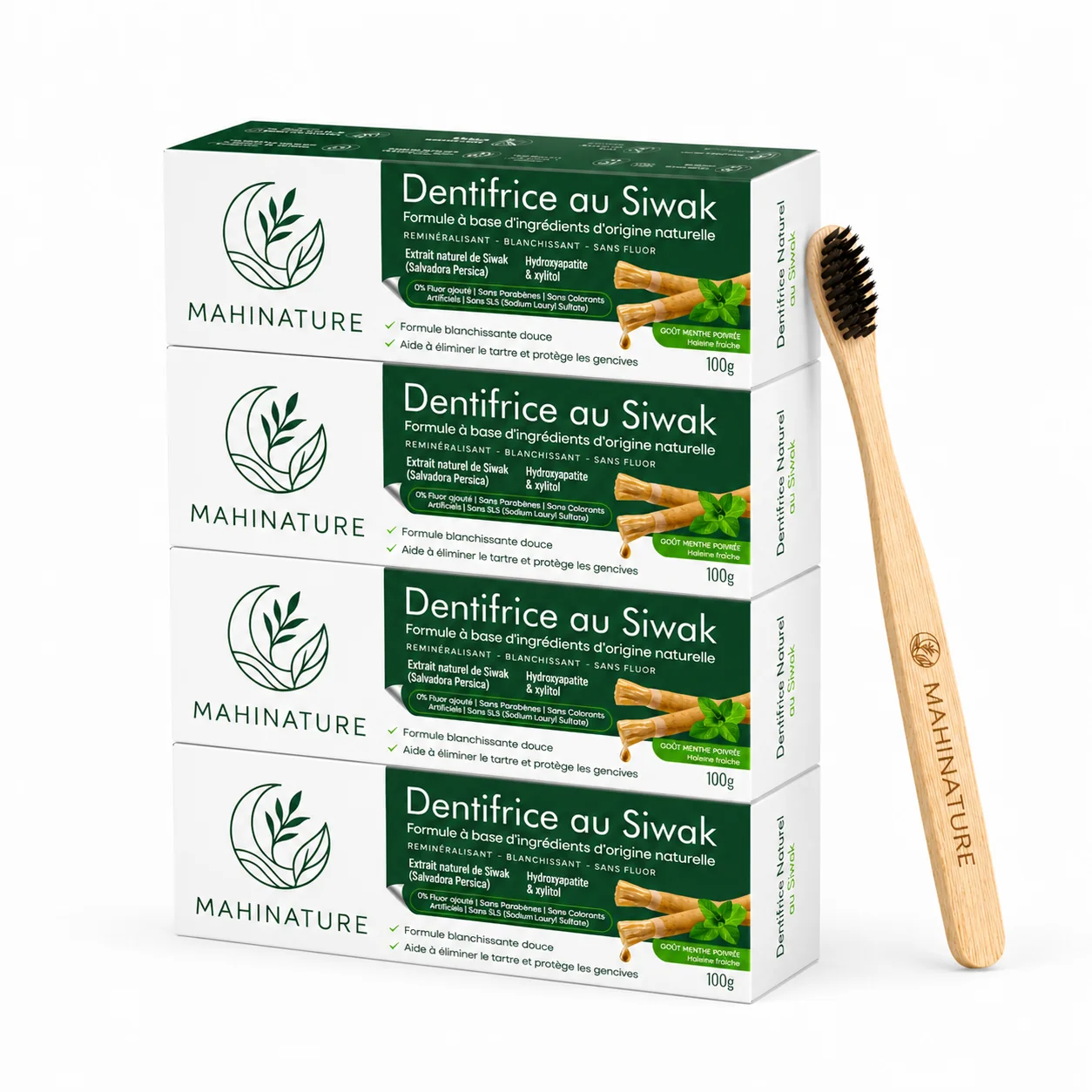 Pack de 4 boîtes de dentifrice Siwak Mahinature avec brosse charbon