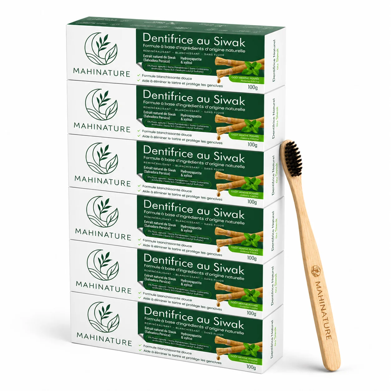 Pack famille de 6 boîtes de dentifrice Siwak Mahinature