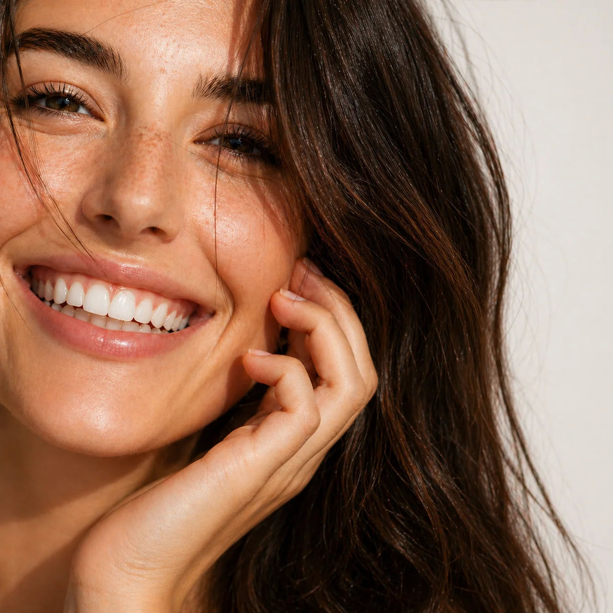 Femme au sourire éclatant et aux dents blanches naturelles - Mahinature dentifrice siwak hydroxyapatite